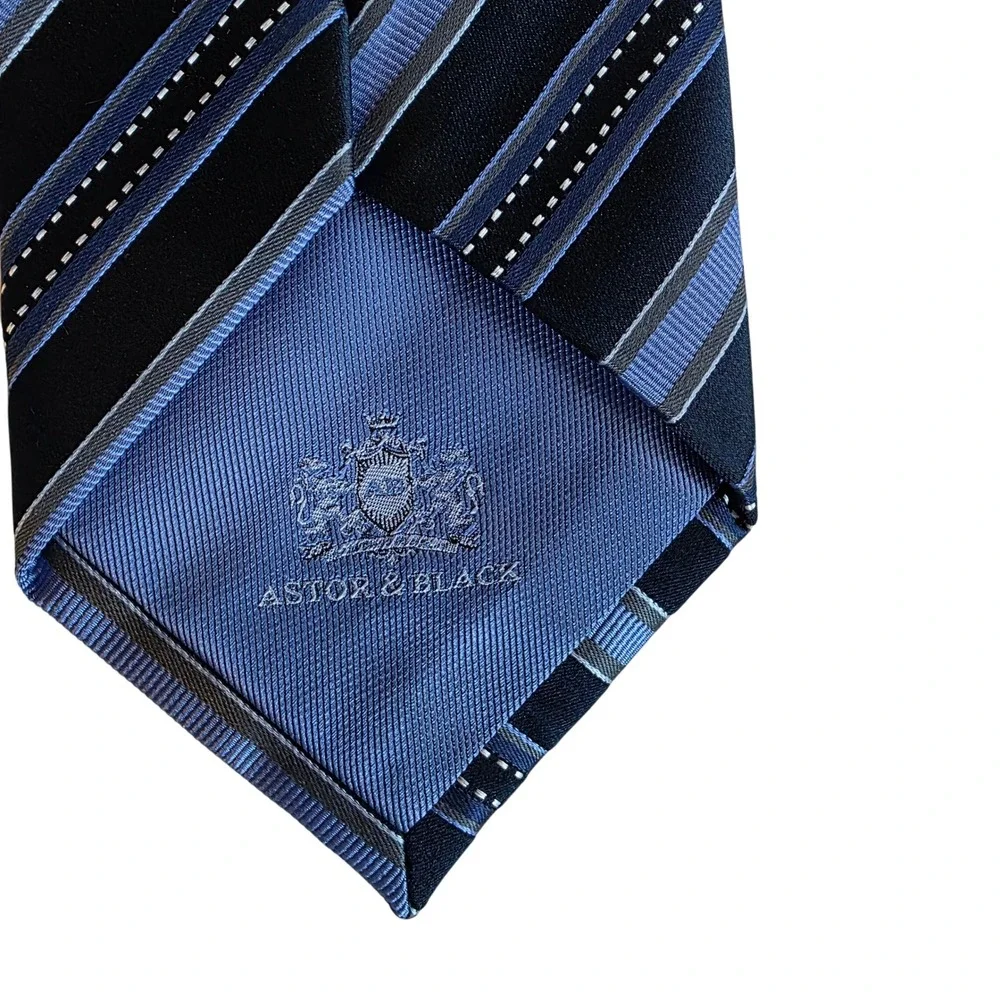 Astor & Black Custom Clothiers Mens Tie Striped Silk Necktie Hand Made‎ Blue